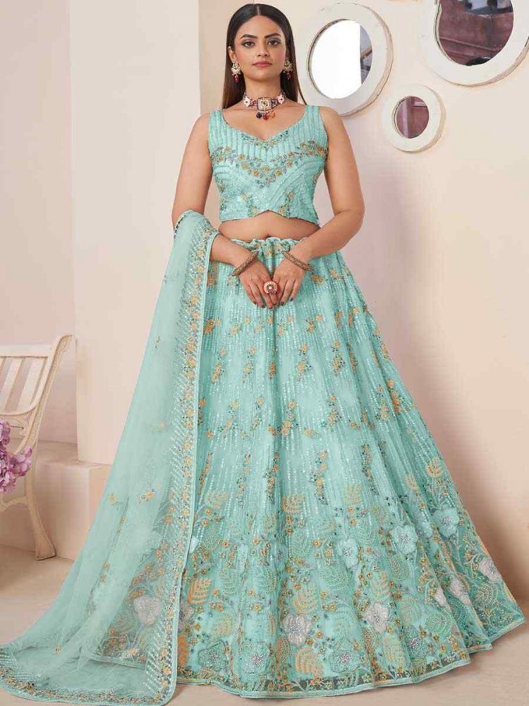 Turquoise Net Embroidered Reception Wedding Heavy Border Lehenga Choli