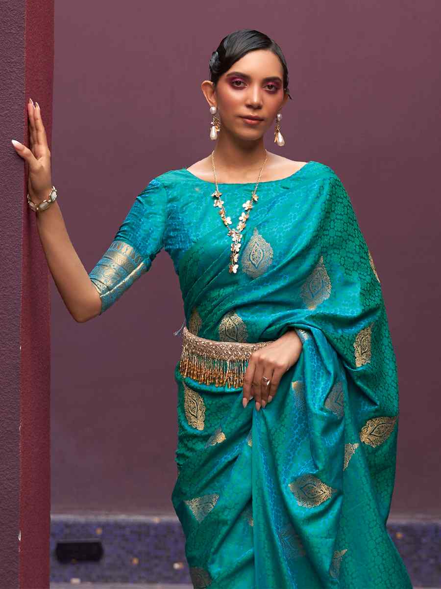 Turquoise Nylon Satin Handwoven Party Festival Classic Style Saree
