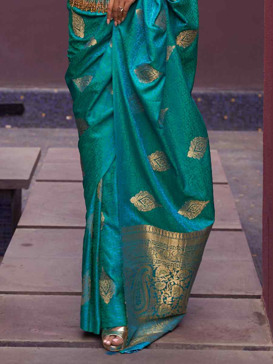 Turquoise Nylon Satin Handwoven Party Festival Classic Style Saree
