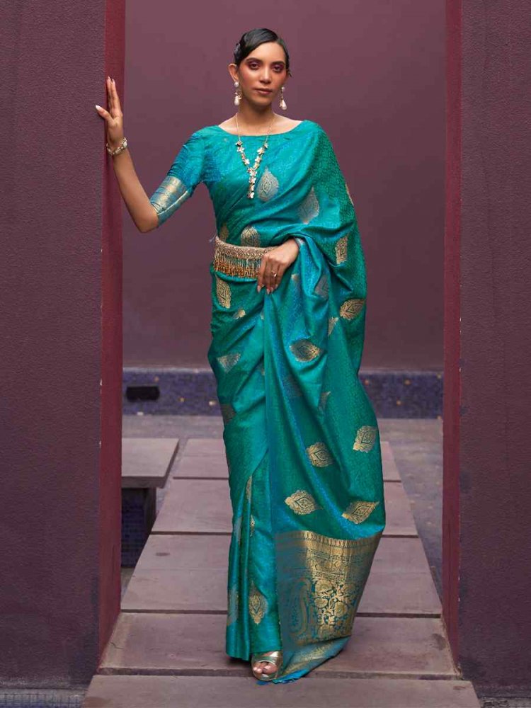 Turquoise Nylon Satin Handwoven Party Festival Classic Style Saree