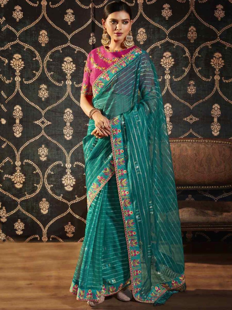 Turquoise Organza Embroidered Party Festival Classic Style Saree