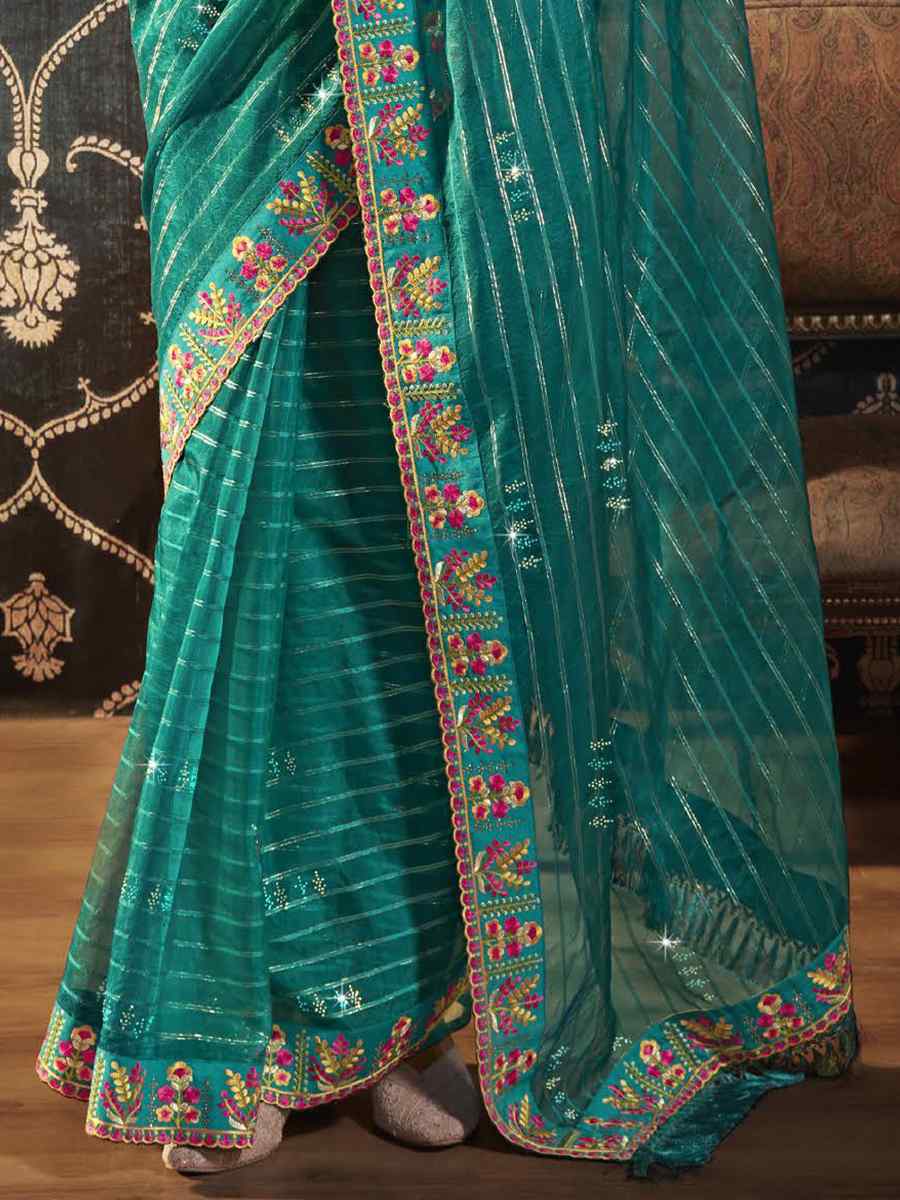 Turquoise Organza Embroidered Party Festival Classic Style Saree