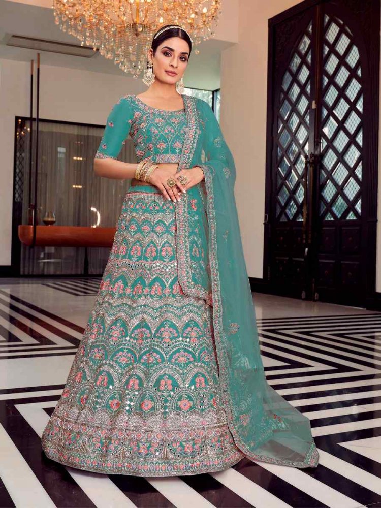 Turquoise Organza Zari Bridal Heavy Border Lehenga Choli