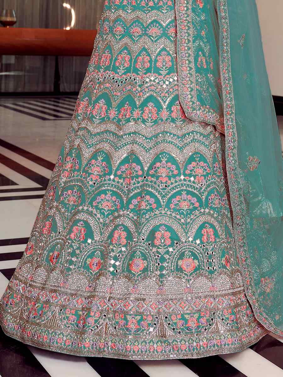 Turquoise Organza Zari Bridal Heavy Border Lehenga Choli