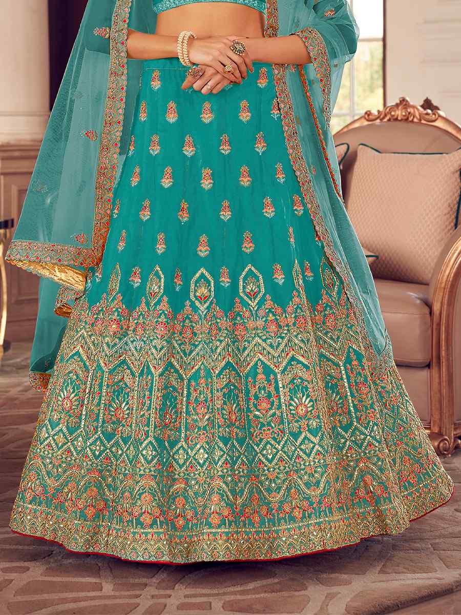 Turquoise Organza Zari Bridal Reception Heavy Border Lehenga Choli