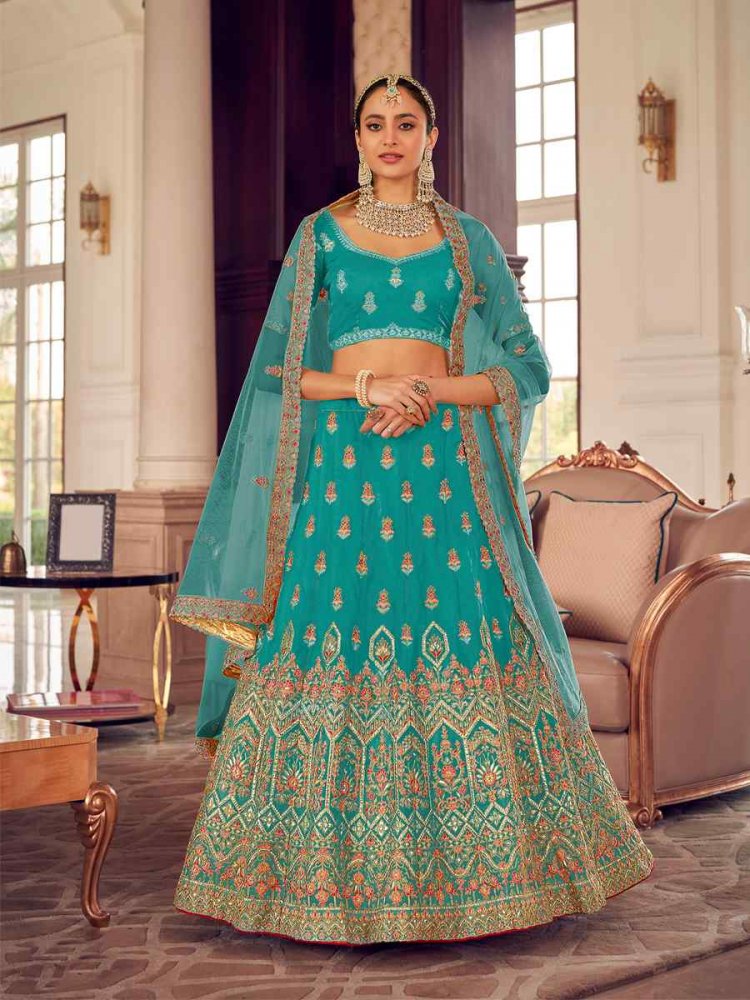 Turquoise Organza Zari Bridal Reception Heavy Border Lehenga Choli