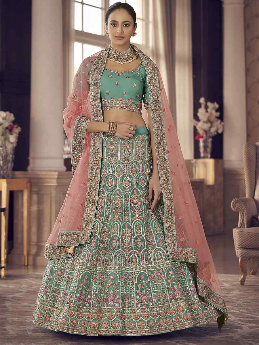 Turquoise Organza Zari Sequins Bridal Bridesmaid Heavy Border Lehenga Choli