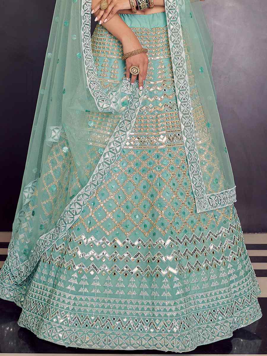 Turquoise Organza Zari Sequins Bridesmaid Reception Heavy Border Lehenga Choli