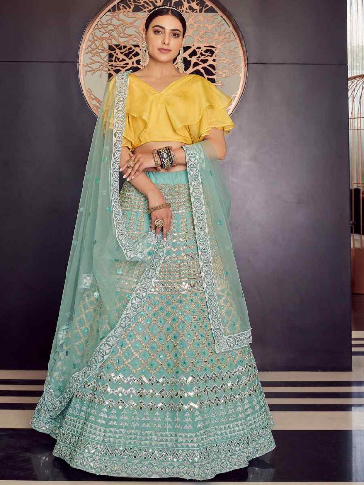 Turquoise Organza Zari Sequins Bridesmaid Reception Heavy Border Lehenga Choli