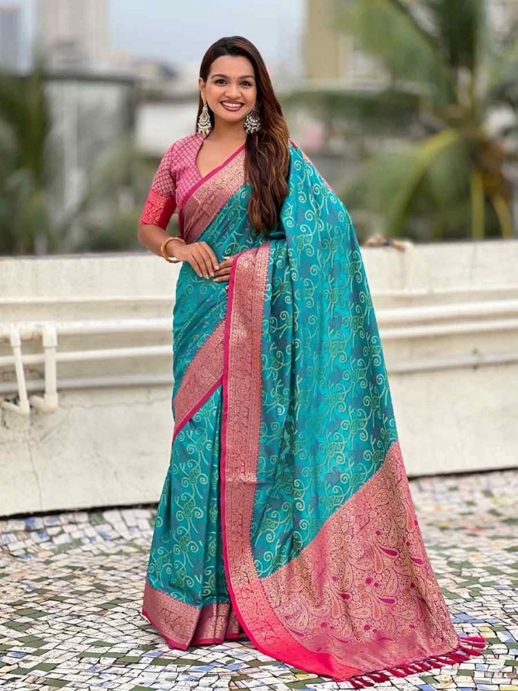 Image of Turquoise Patola Silk Handwoven Casual Reception Festival Wedding Fancy Classic Style Sarees