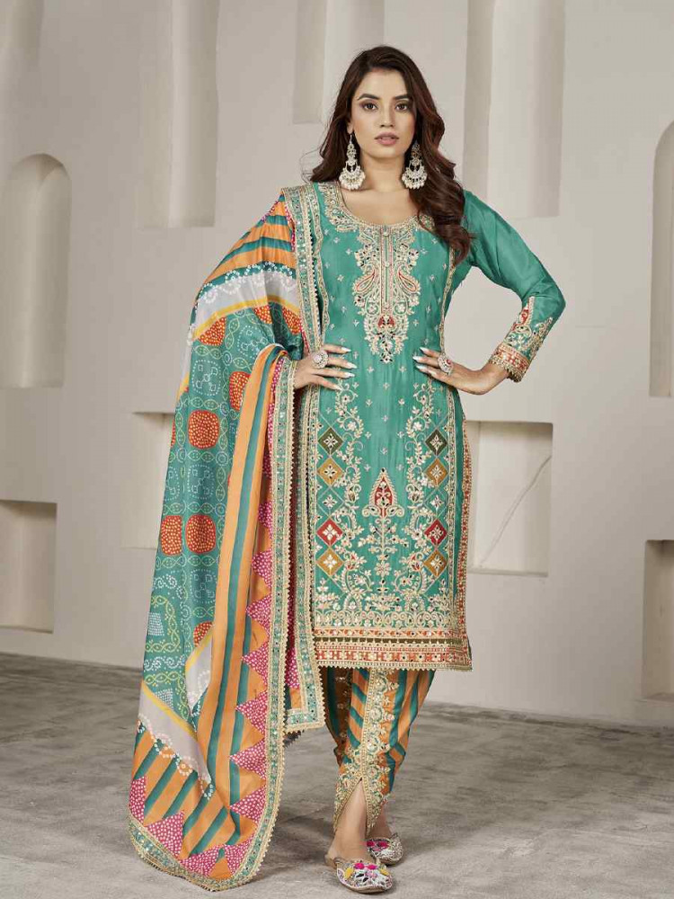 Image of Turquoise Premium Fiber Chinnon Embroidery Party Wedding Festival Casual Ready Cape Style Salwar Kameez