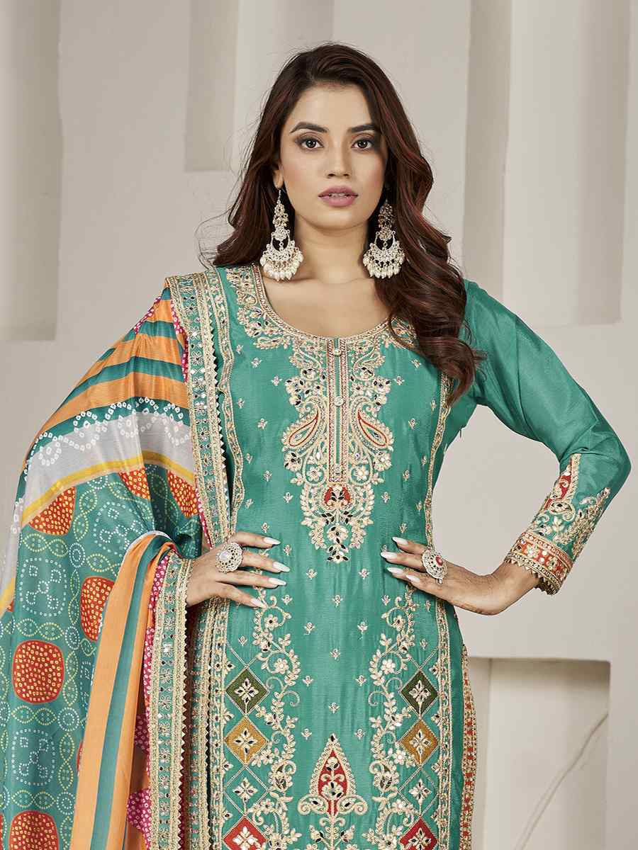 Turquoise Premium Fiber Chinnon Embroidery Party Wedding Festival Casual Ready Cape Style Salwar Kameez