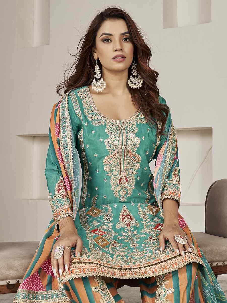 Turquoise Premium Fiber Chinnon Embroidery Party Wedding Festival Casual Ready Cape Style Salwar Kameez