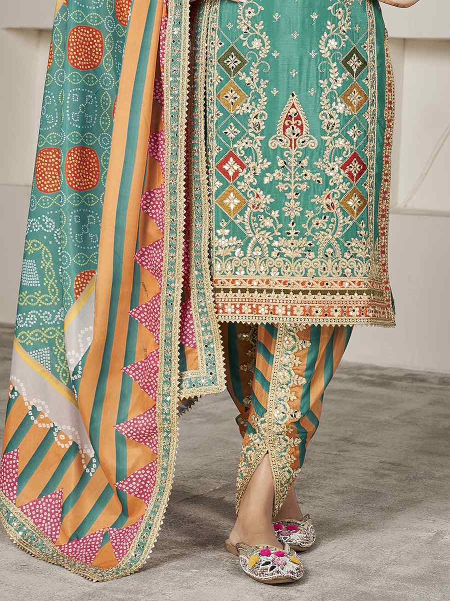 Turquoise Premium Fiber Chinnon Embroidery Party Wedding Festival Casual Ready Cape Style Salwar Kameez