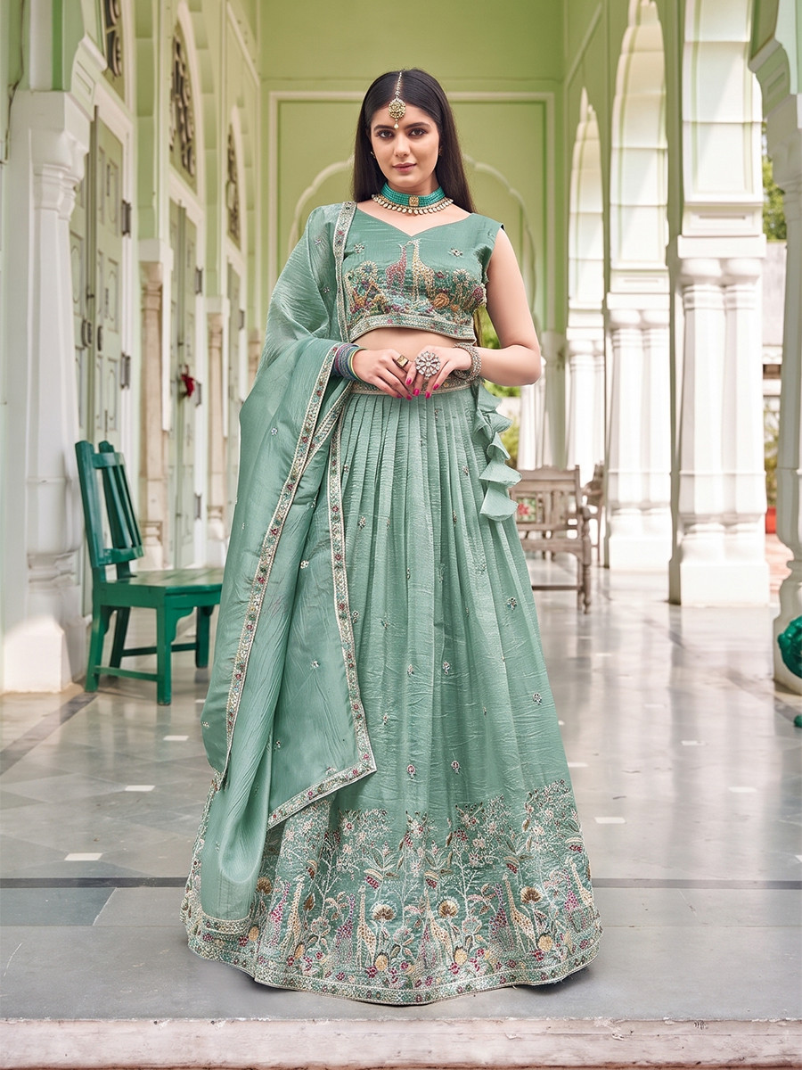 Turquoise Premium Gold Crush Embroidery Wedding Reception Festival Party Wear Heavy Border Lehenga Choli