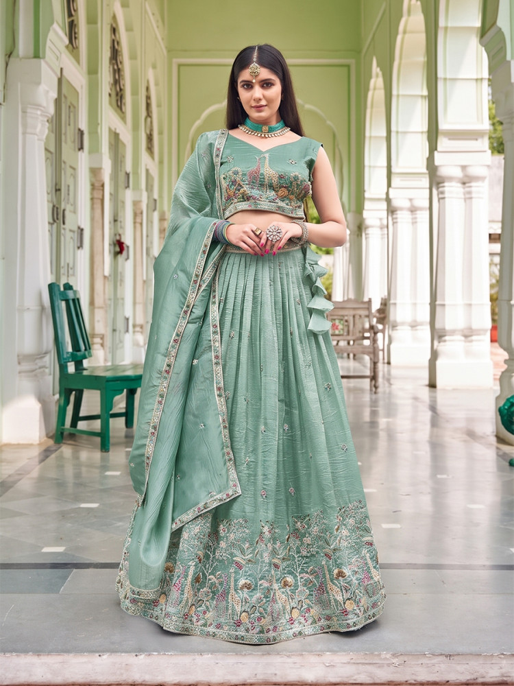 Image of Turquoise Premium Gold Crush Embroidery Wedding Reception Festival Party Wear Heavy Border Lehenga Choli