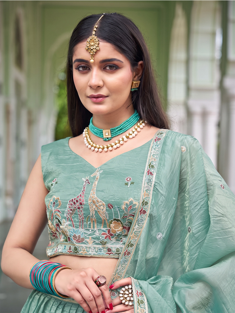Turquoise Premium Gold Crush Embroidery Wedding Reception Festival Party Wear Heavy Border Lehenga Choli