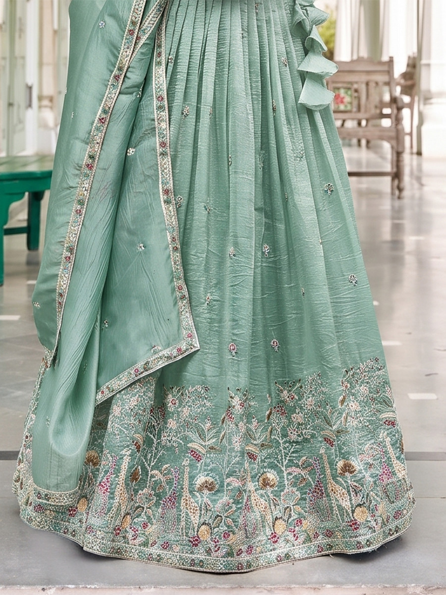 Turquoise Premium Gold Crush Embroidery Wedding Reception Festival Party Wear Heavy Border Lehenga Choli