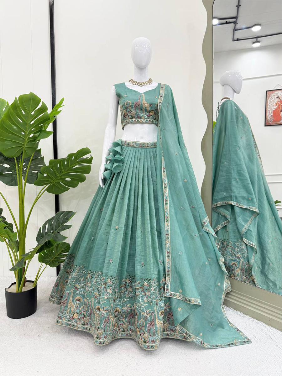 Turquoise Premium Gold Crush Embroidery Wedding Reception Festival Party Wear Heavy Border Lehenga Choli