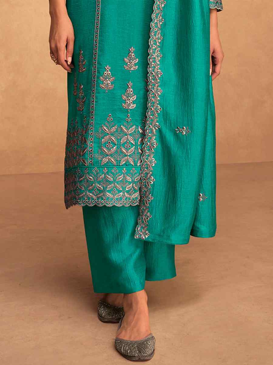 Turquoise Premium Silk Embroidered Casual Festival Pant Salwar Kameez