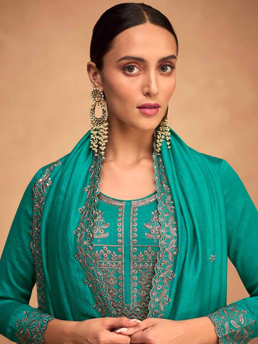 Turquoise Premium Silk Embroidered Casual Festival Pant Salwar Kameez