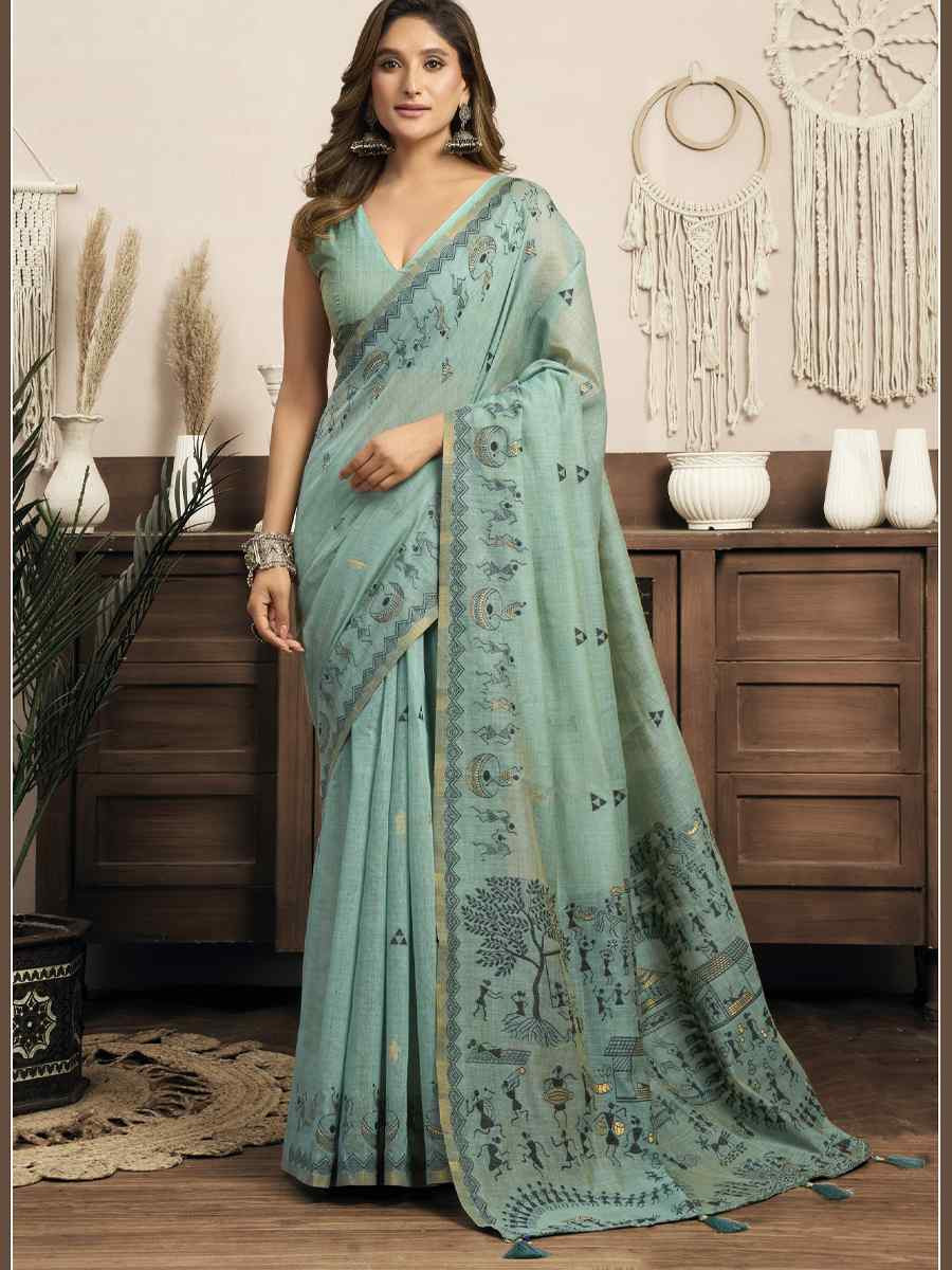 Turquoise Printed Casual Reception Festival Wedding Fancy Heavy Border Sarees