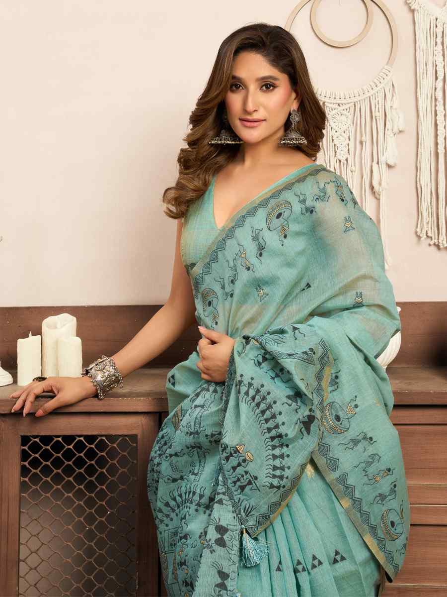 Turquoise Printed Casual Reception Festival Wedding Fancy Heavy Border Sarees