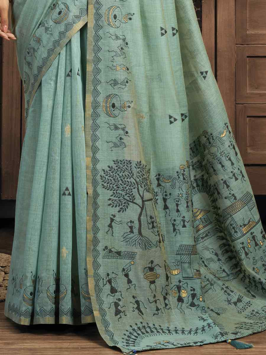 Turquoise Printed Casual Reception Festival Wedding Fancy Heavy Border Sarees
