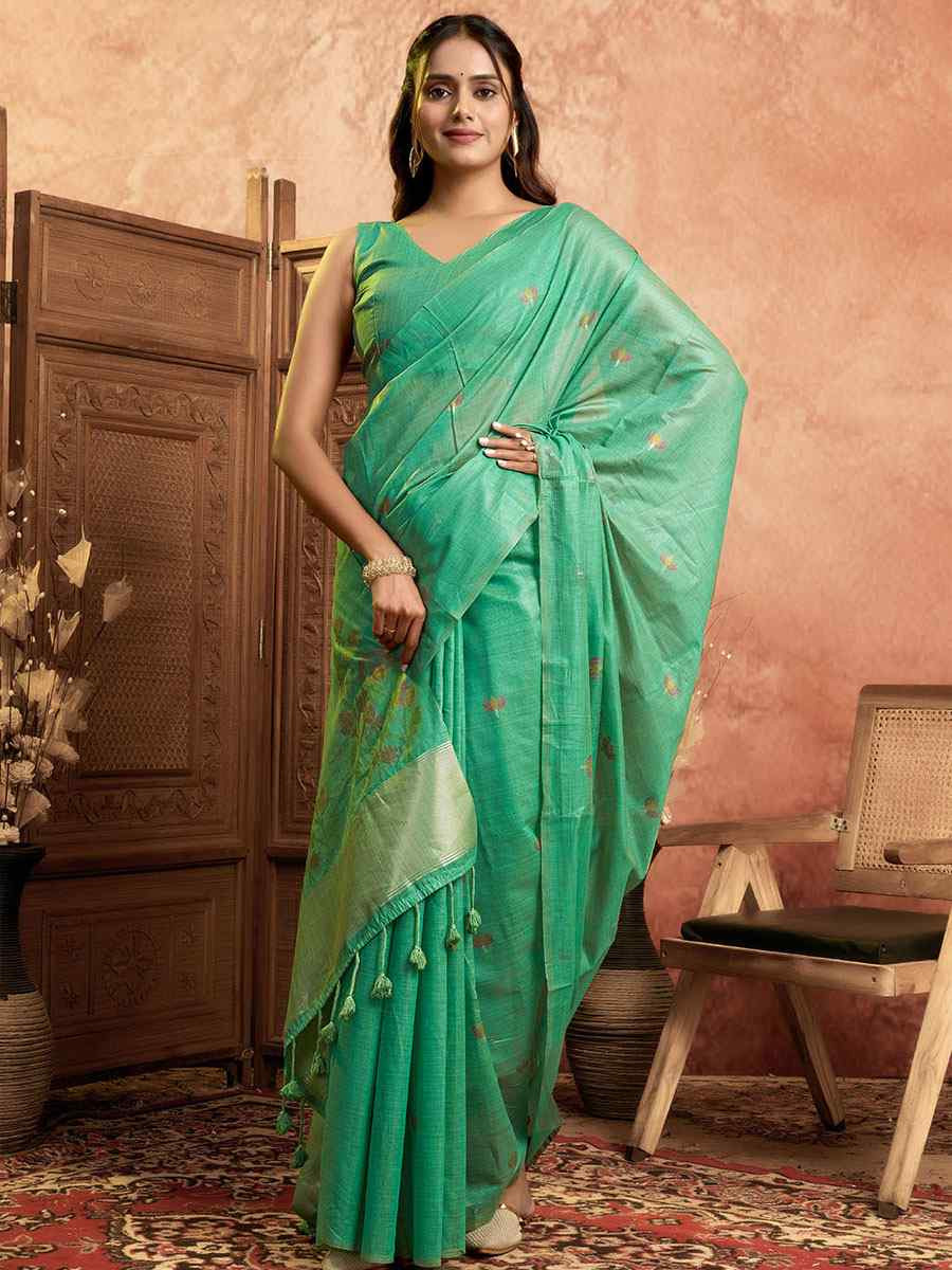 Turquoise Pure Cotton Handwoven Festival Wedding Fancy Heavy Border Saree