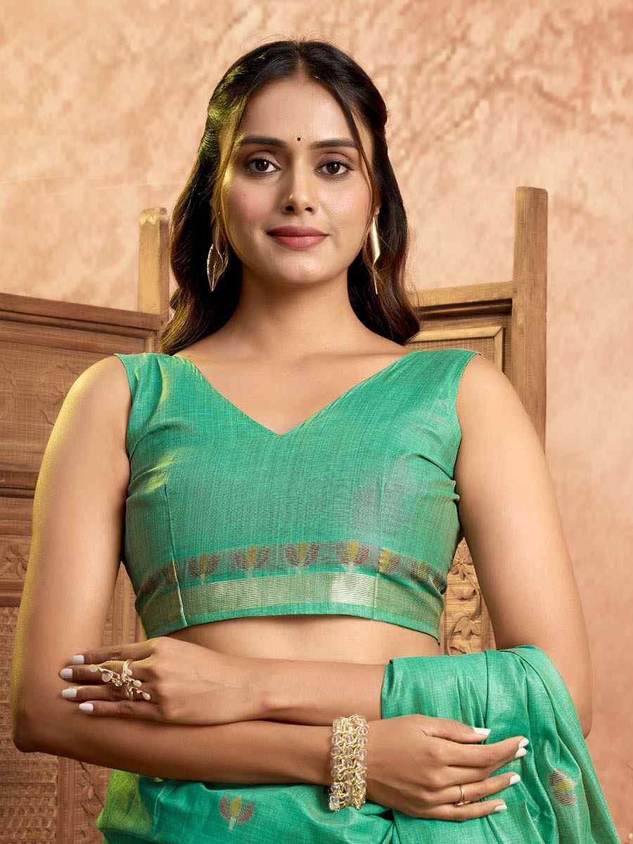 Turquoise Pure Cotton Handwoven Festival Wedding Fancy Heavy Border Saree