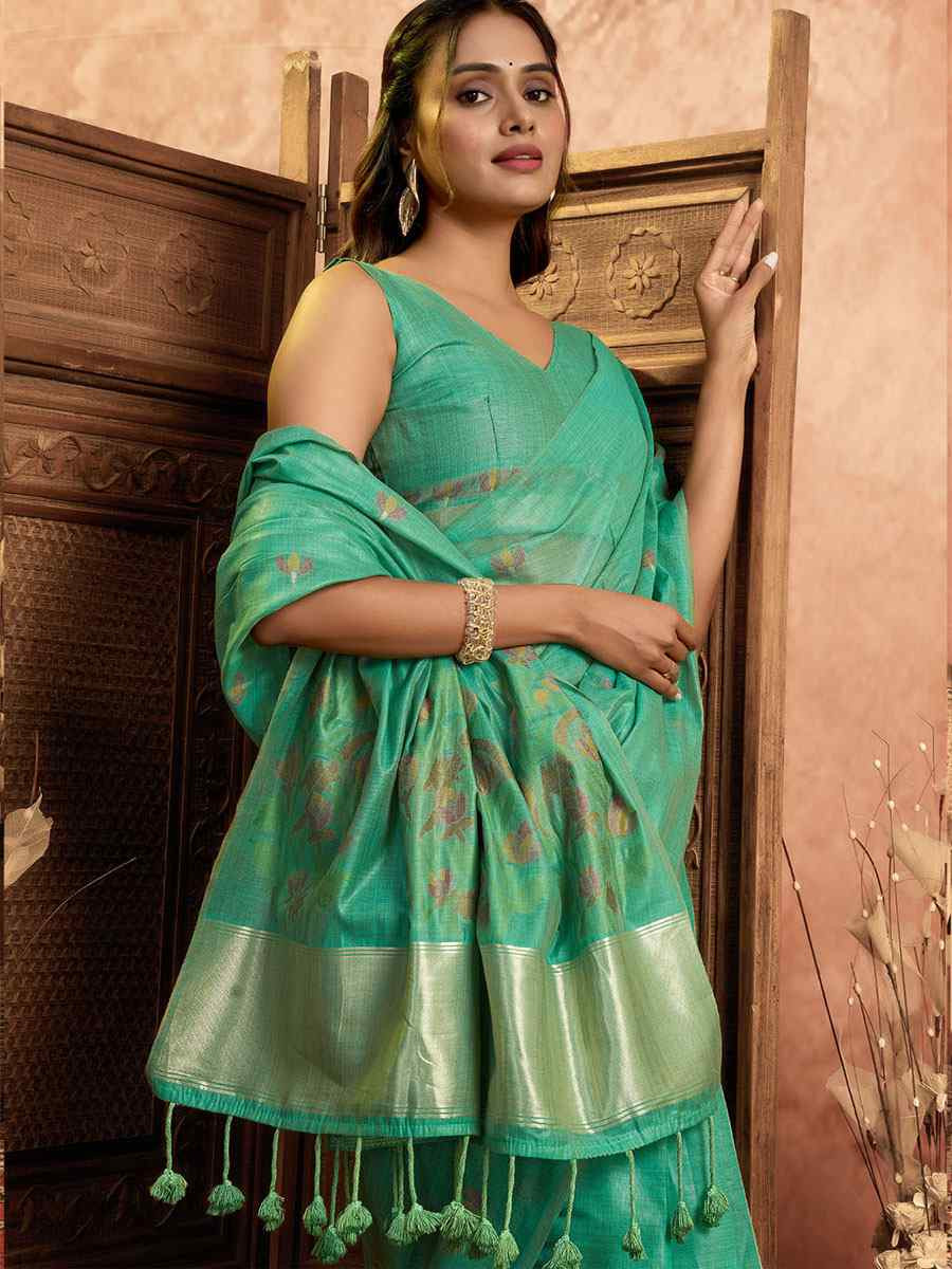 Turquoise Pure Cotton Handwoven Festival Wedding Fancy Heavy Border Saree