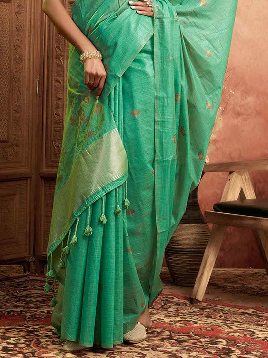 Turquoise Pure Cotton Handwoven Festival Wedding Fancy Heavy Border Saree