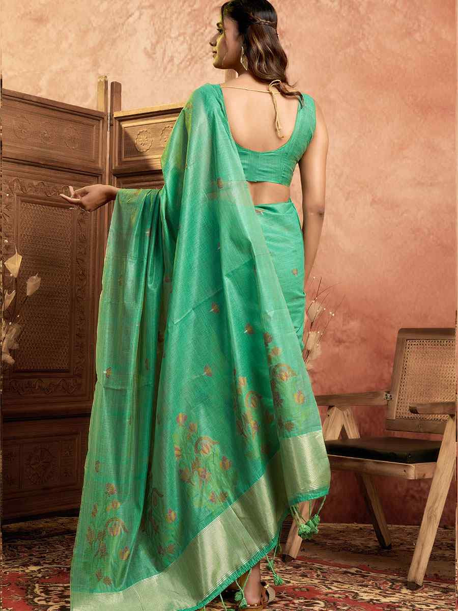 Turquoise Pure Cotton Handwoven Festival Wedding Fancy Heavy Border Saree