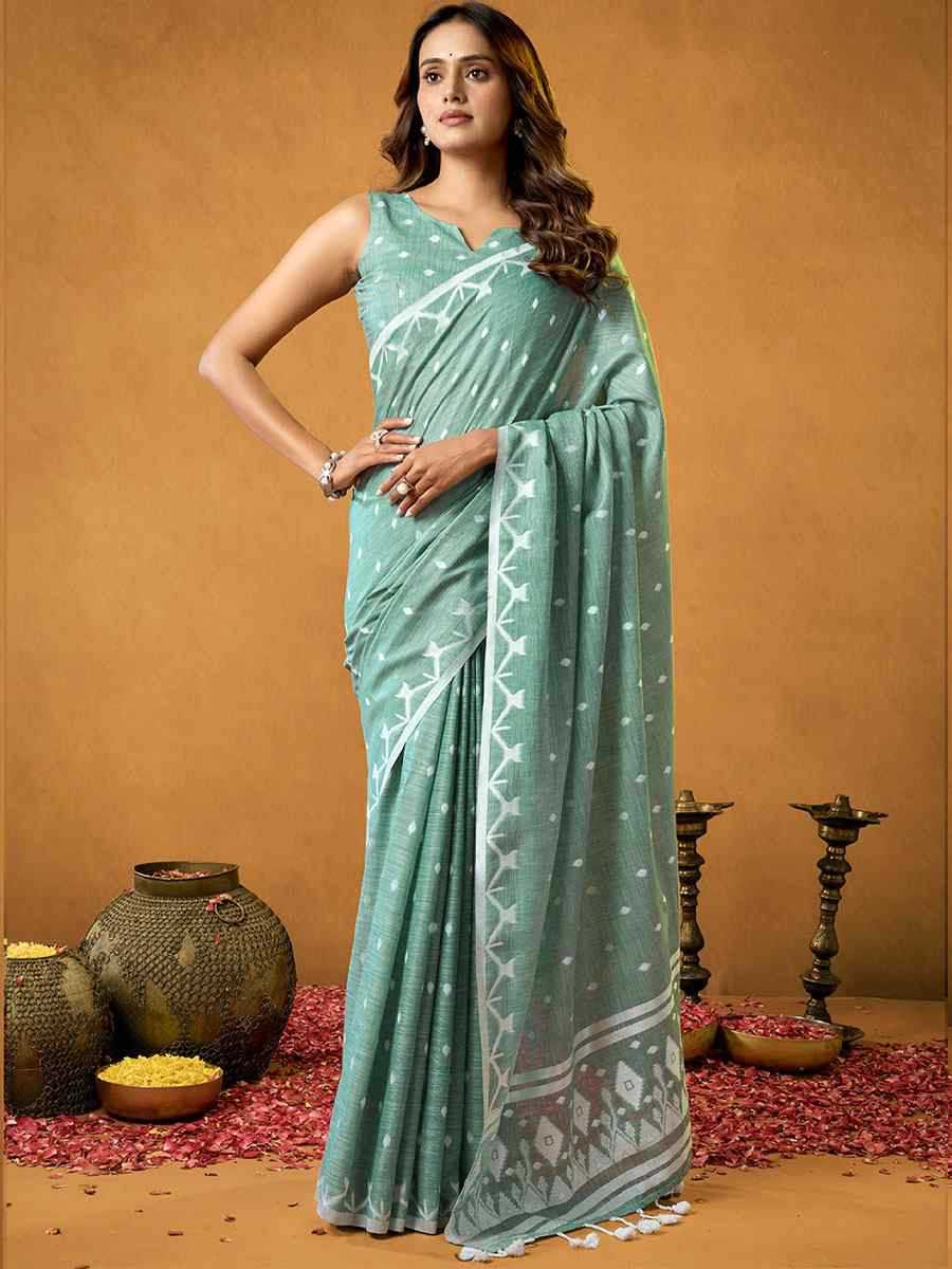Turquoise Pure Cotton Handwoven Festival Wedding Fancy Heavy Border Saree