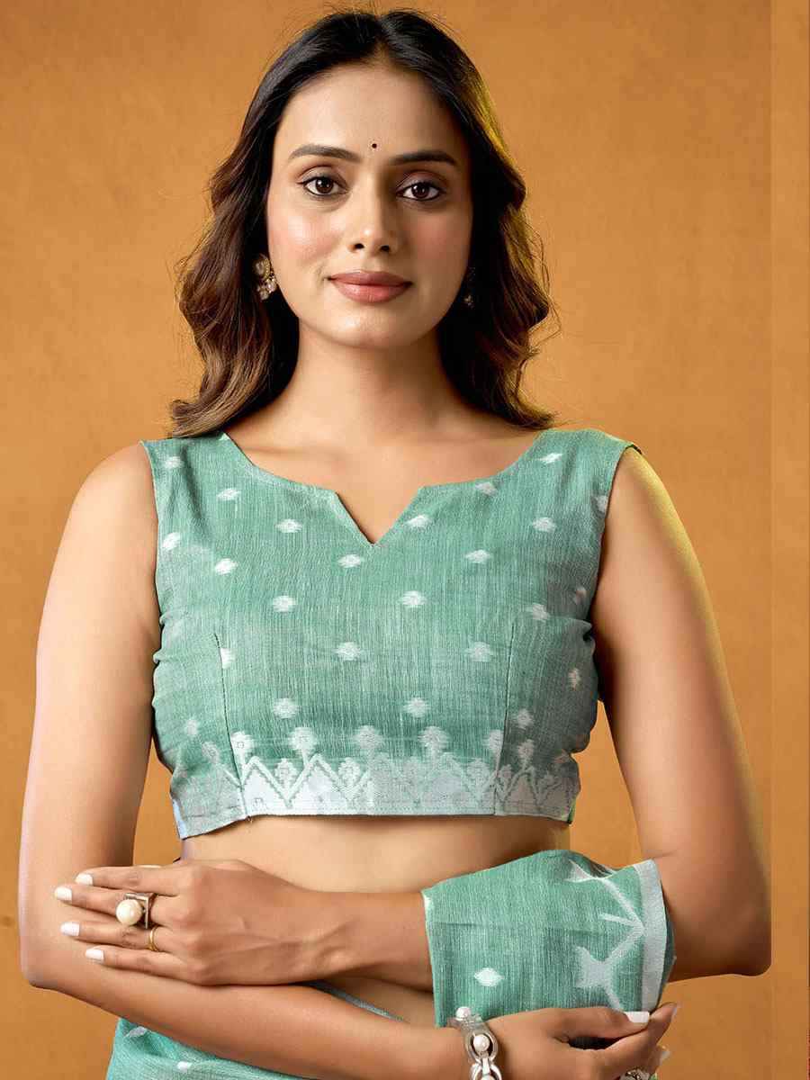 Turquoise Pure Cotton Handwoven Festival Wedding Fancy Heavy Border Saree