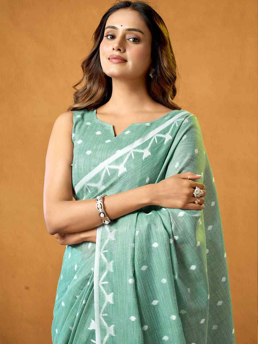 Turquoise Pure Cotton Handwoven Festival Wedding Fancy Heavy Border Saree