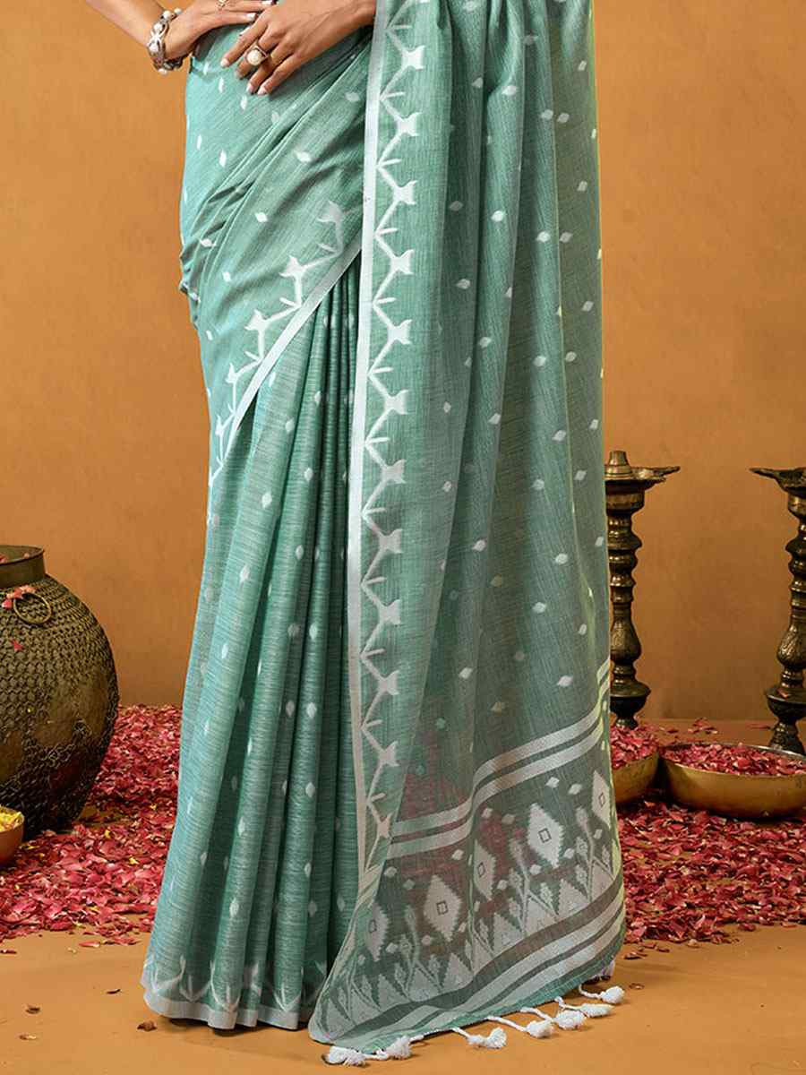 Turquoise Pure Cotton Handwoven Festival Wedding Fancy Heavy Border Saree