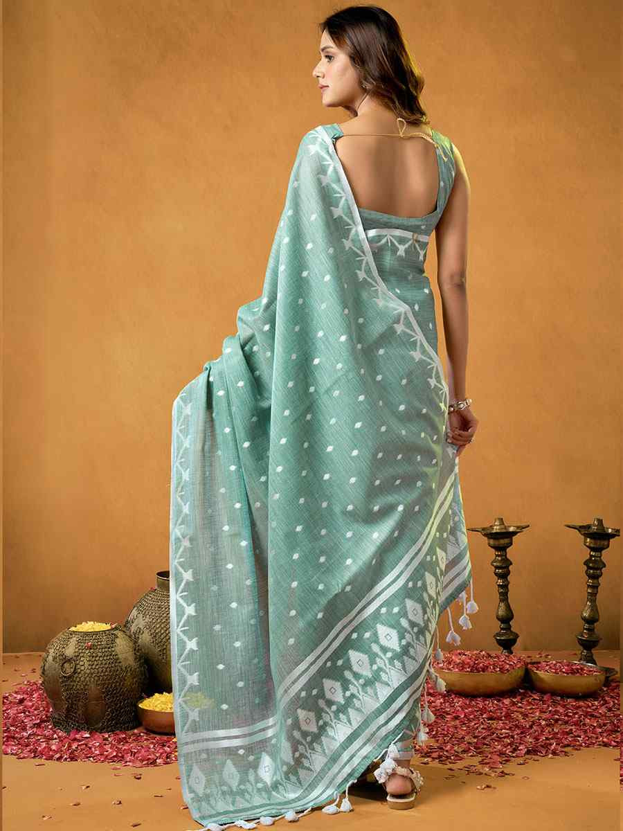 Turquoise Pure Cotton Handwoven Festival Wedding Fancy Heavy Border Saree
