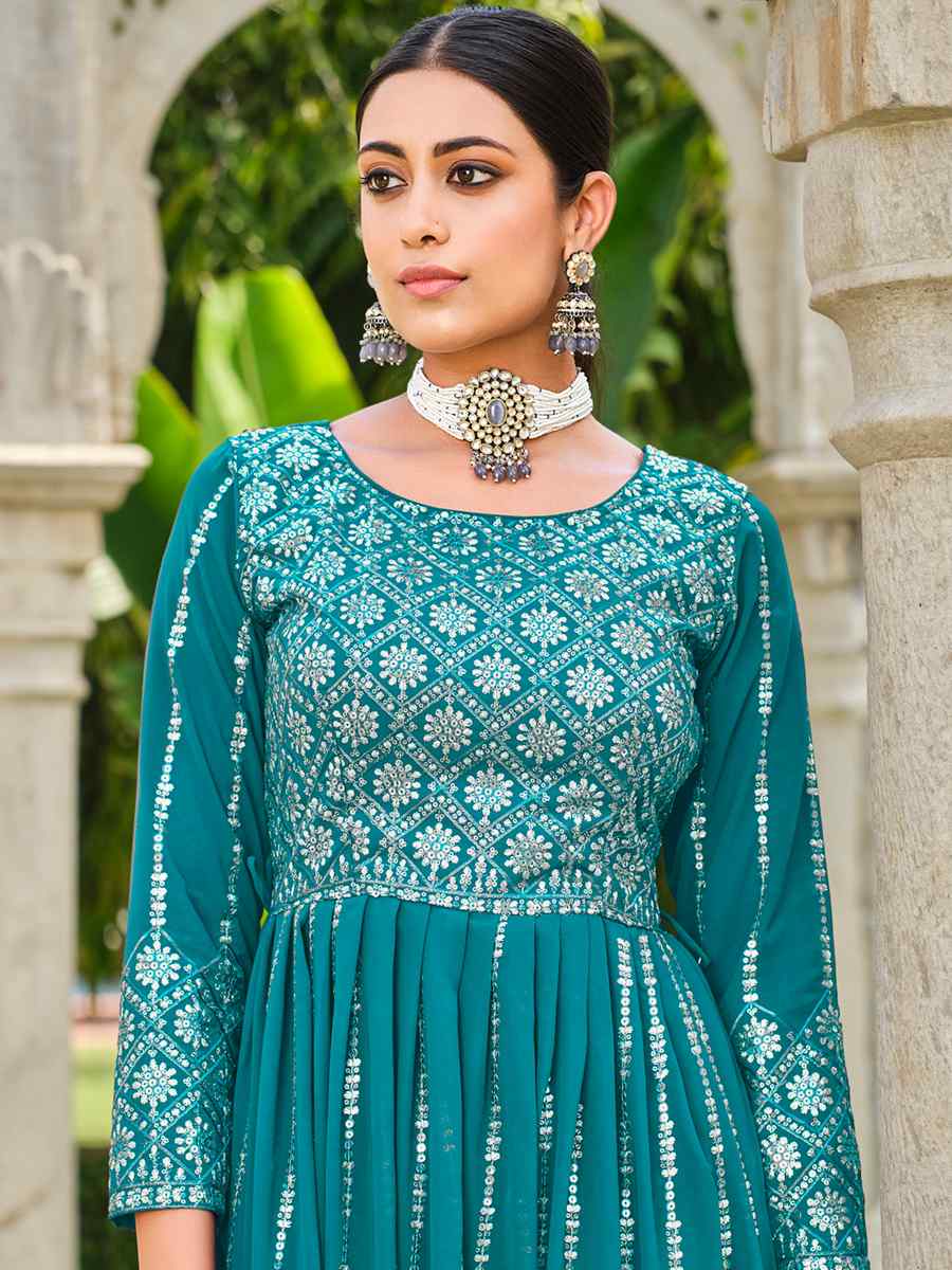 Turquoise Pure Faux Georgette Embroidered Festival Wedding Ready Palazzo Pant Salwar Kameez