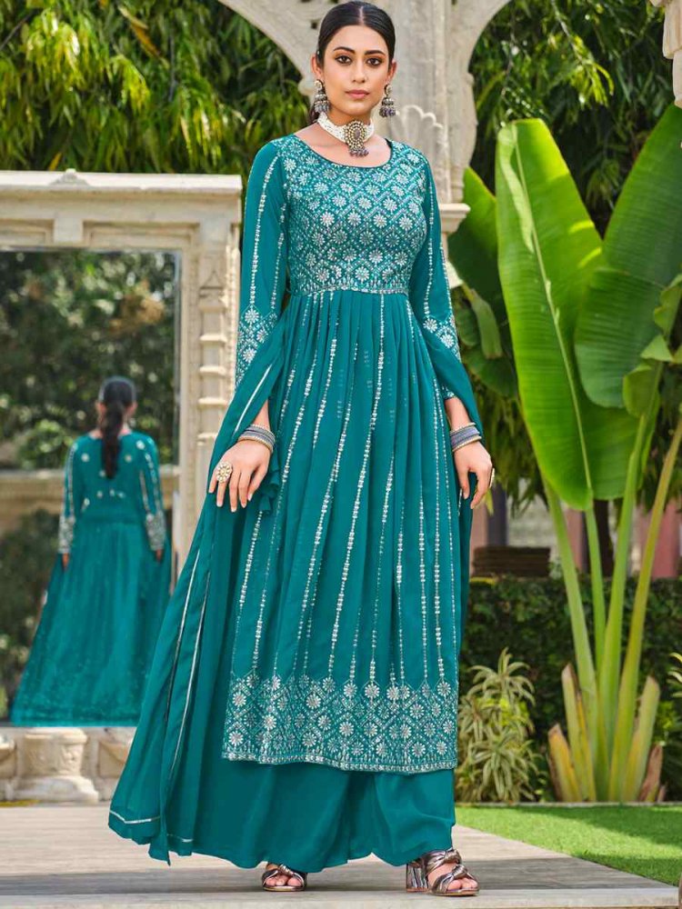 Turquoise Pure Faux Georgette Embroidered Festival Wedding Ready Palazzo Pant Salwar Kameez