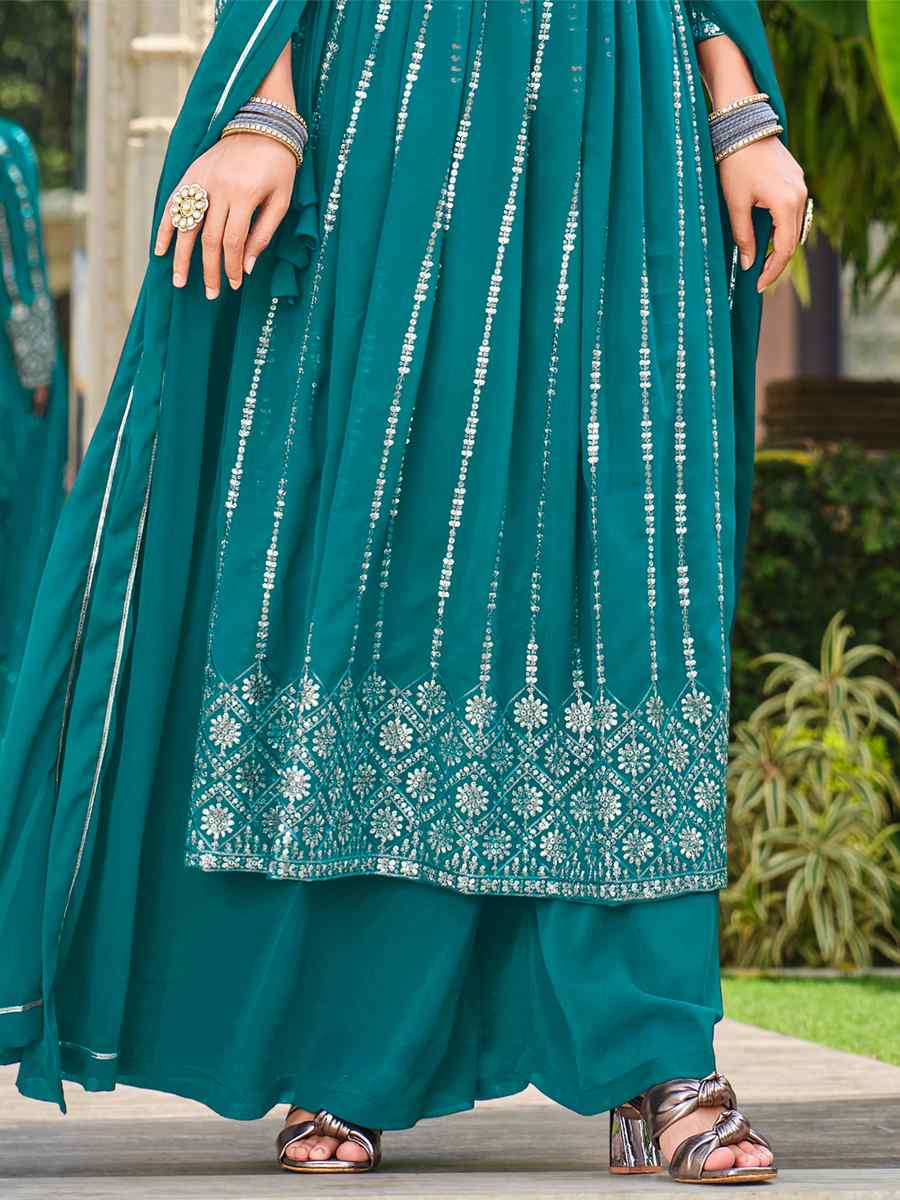 Turquoise Pure Faux Georgette Embroidered Festival Wedding Ready Palazzo Pant Salwar Kameez