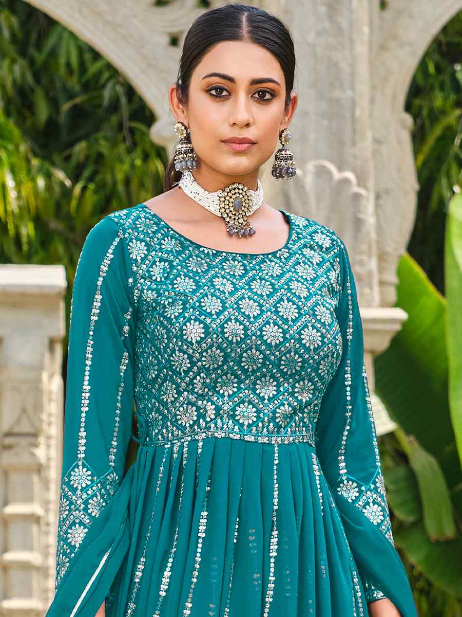 Turquoise Pure Faux Georgette Embroidered Festival Wedding Ready Palazzo Pant Salwar Kameez