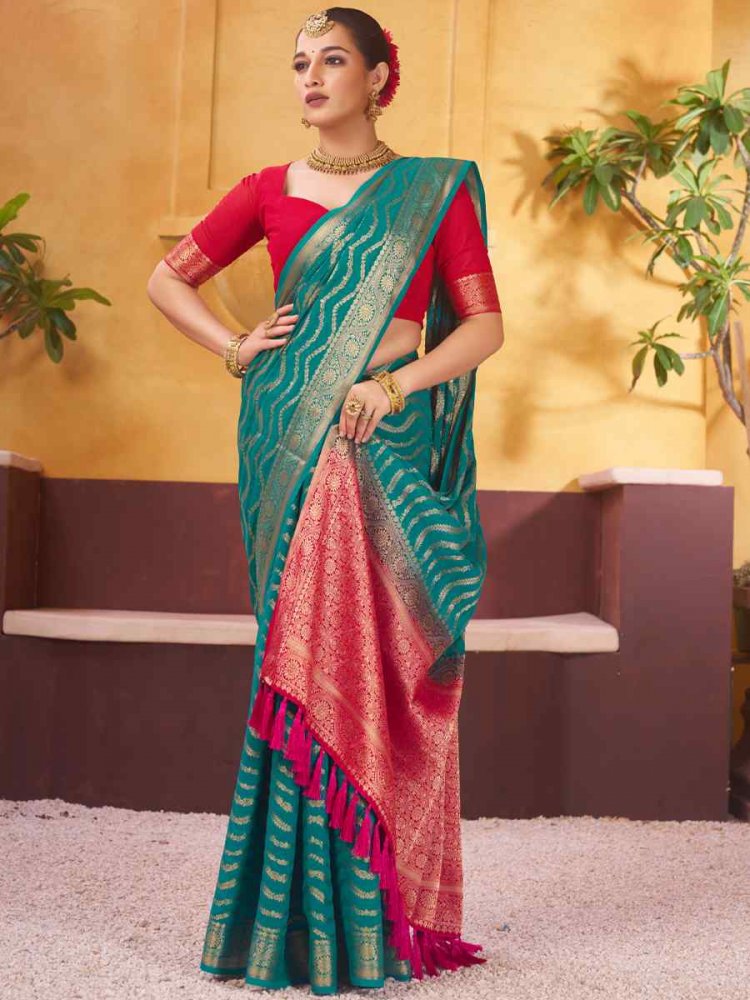 Turquoise Pure Georgette Handwoven Wedding Festival Heavy Border Saree