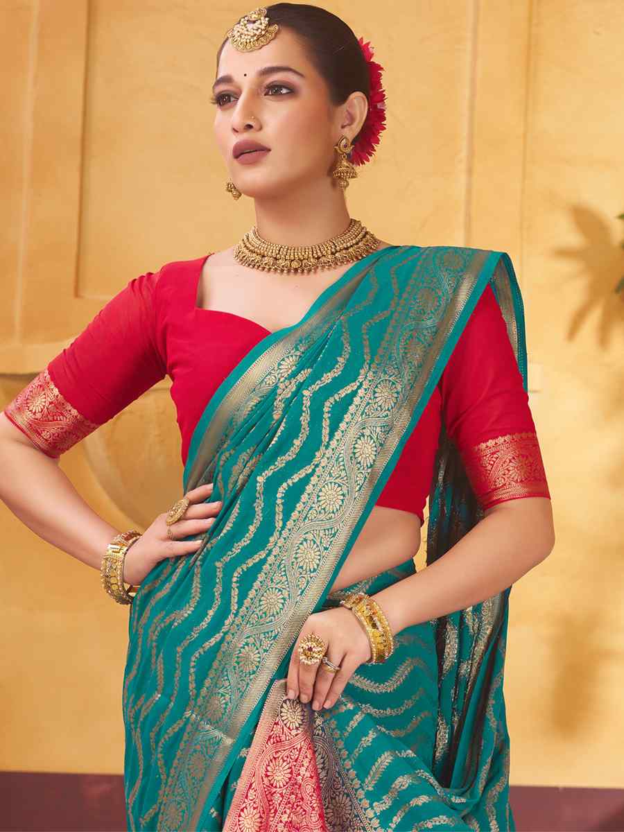Turquoise Pure Georgette Handwoven Wedding Festival Heavy Border Saree