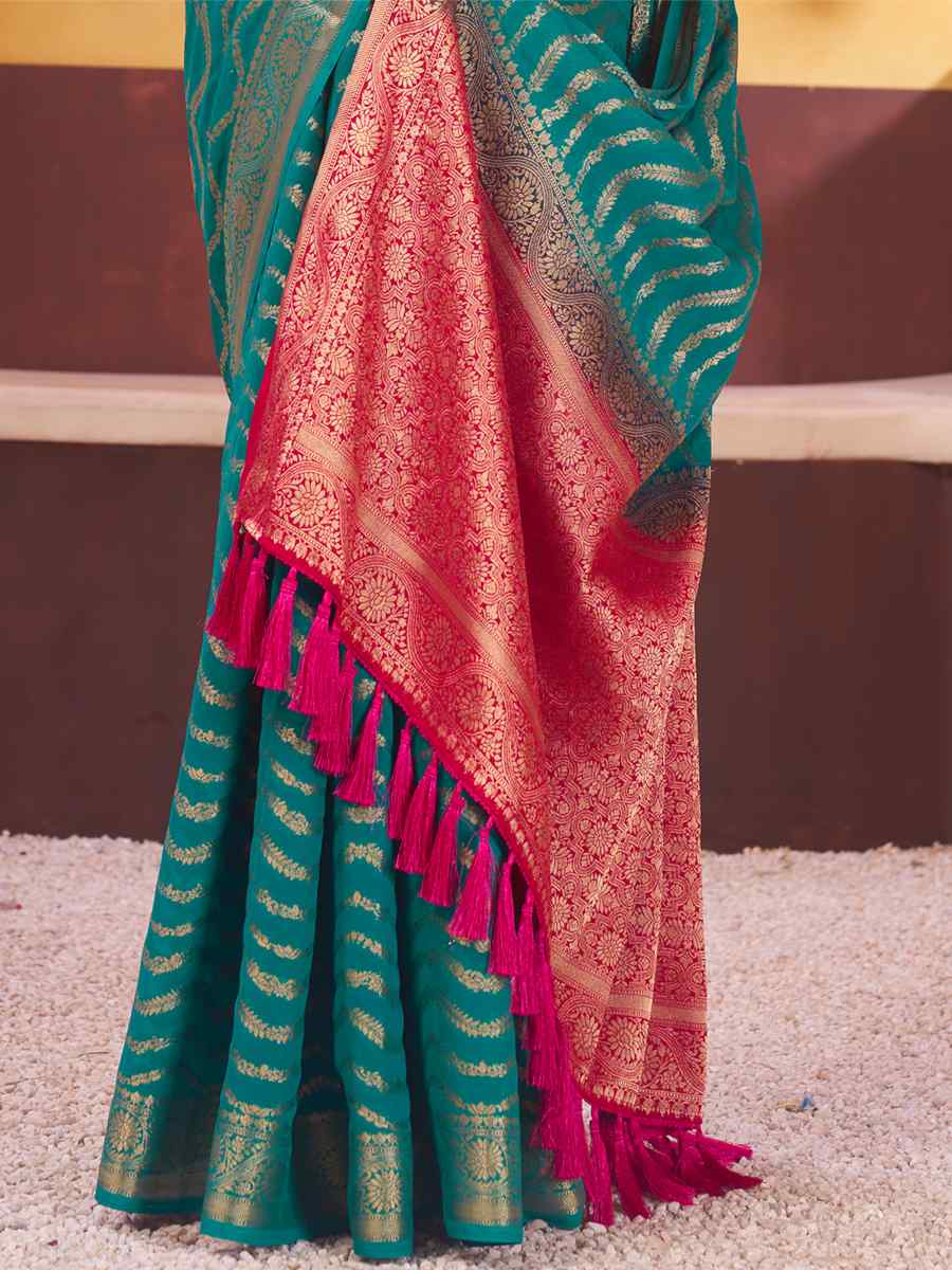 Turquoise Pure Georgette Handwoven Wedding Festival Heavy Border Saree