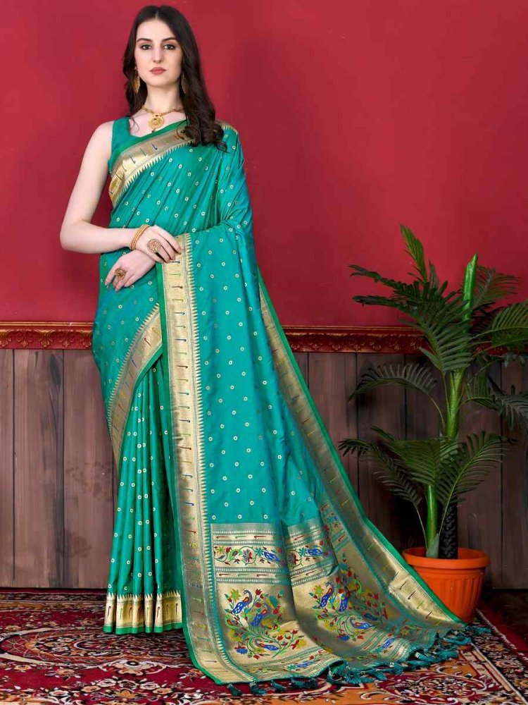 Turquoise Pure Lichi Silk Handwoven Wedding Festival Heavy Border Saree