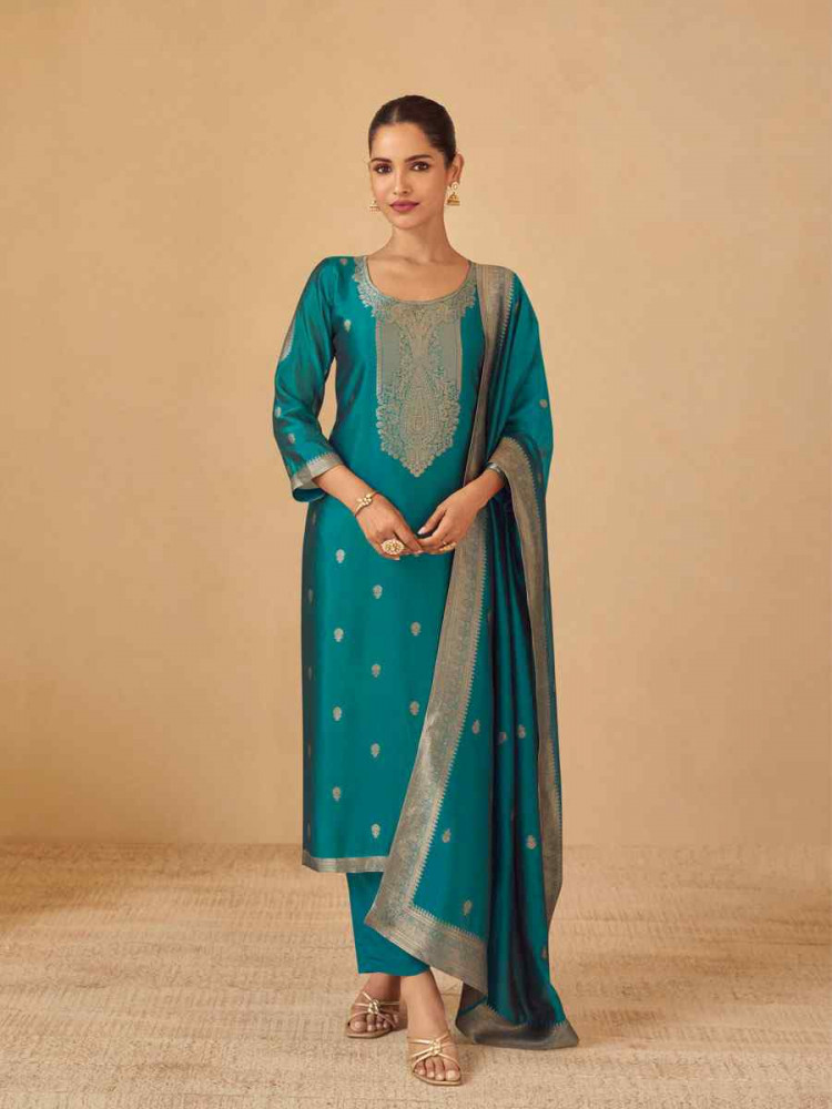 Image of Turquoise Puremium Viscose Silk Jacquard Handwoven Festival Wedding Pant Salwar Kameez