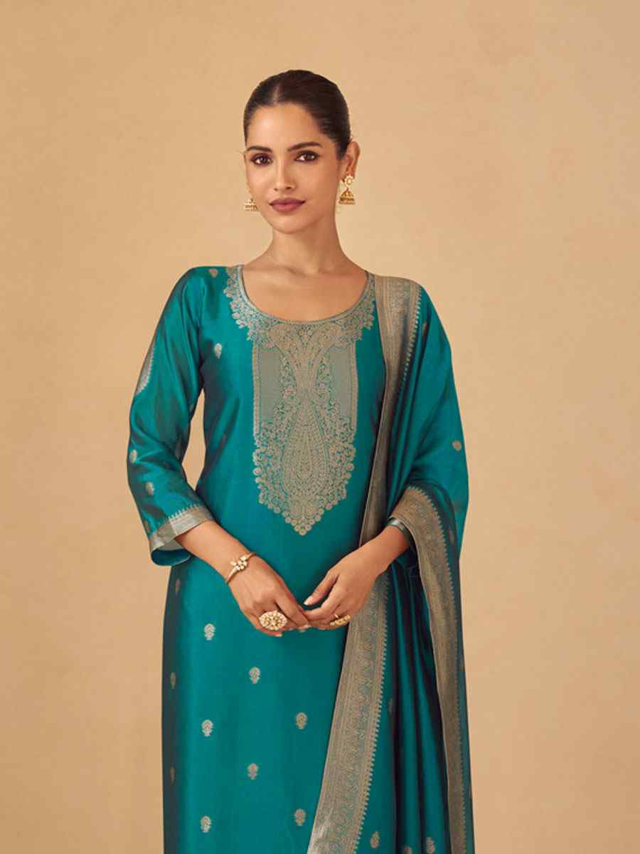 Turquoise Puremium Viscose Silk Jacquard Handwoven Festival Wedding Pant Salwar Kameez