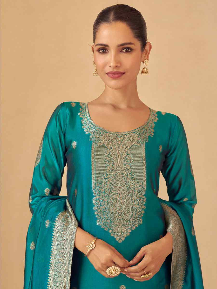 Turquoise Puremium Viscose Silk Jacquard Handwoven Festival Wedding Pant Salwar Kameez