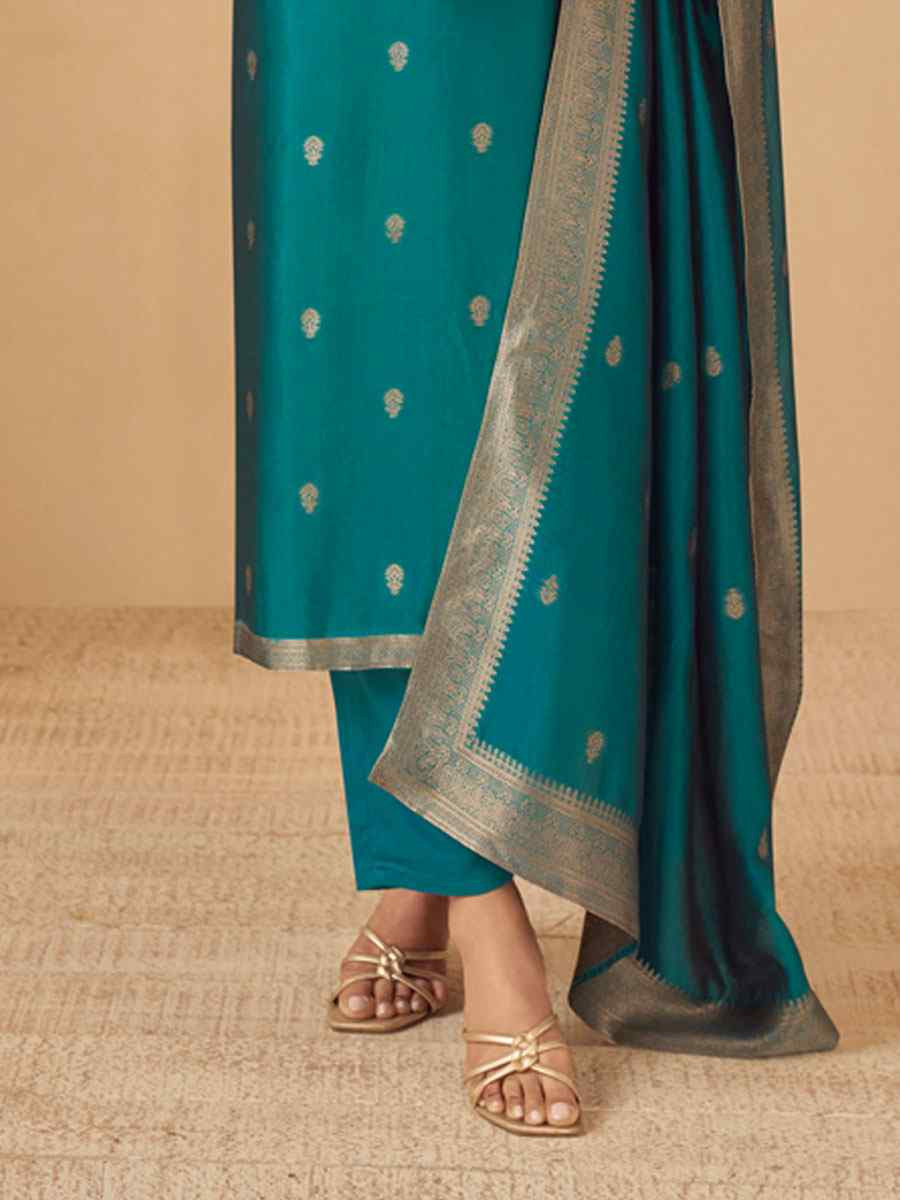 Turquoise Puremium Viscose Silk Jacquard Handwoven Festival Wedding Pant Salwar Kameez